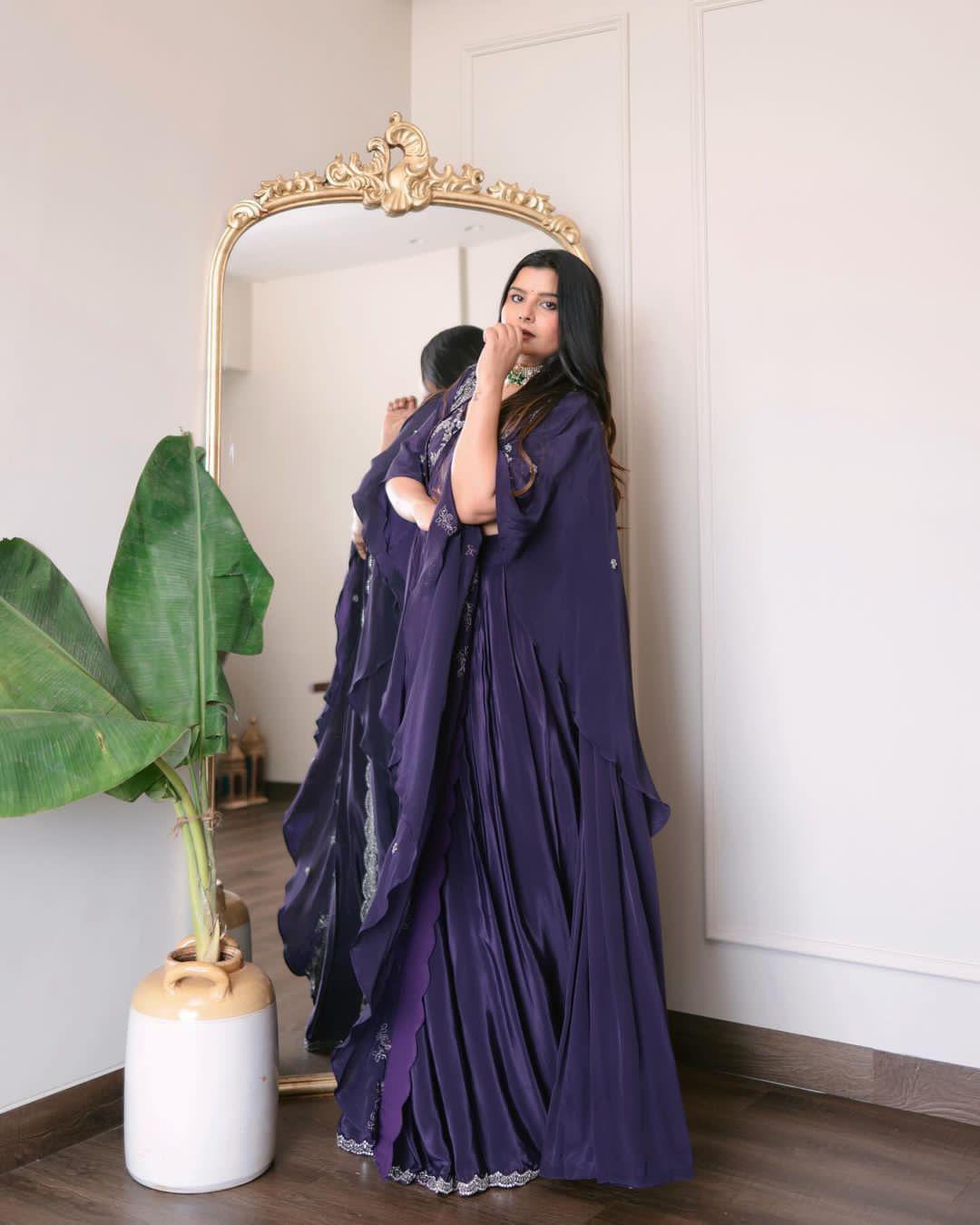 Purple Premium French Crepe Silk Pre-Draped Saree with Dori and Sequins Work