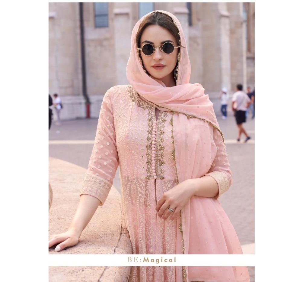 Pastel Pink Elegant Front Slit Chikan Work Salwar Kameez Suit with Dupatta