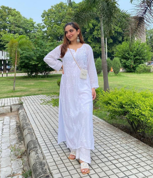 White Modal Lucknow Chikankari Kurti Set 💯 upto 4 XL