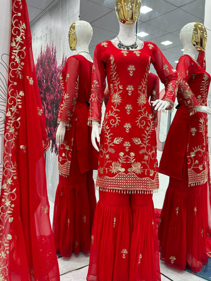 Red Pakistani Style Georgette Sharara Suit with Dupatta