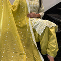 Yellow Schiffli Embroidered Lucknowi Cotton Kurta Set with Embroidered Dupatta