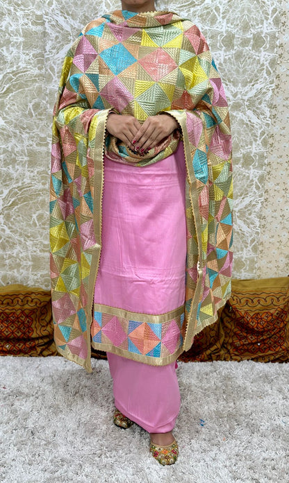 Pink Phulkari Suit Set Zaam Cotton with Embroidered Chinon Dupatta