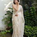 Off-White Silk Organza Saree with Lucknowi & Silver Zari Embroidery