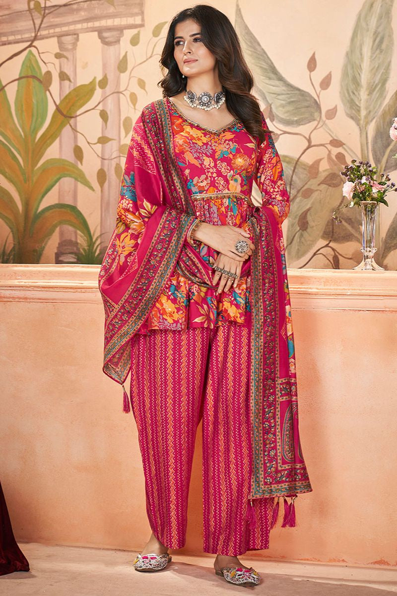 Pink Silk Digital Print and Foil Work Palazzo Kameez with Dupatta