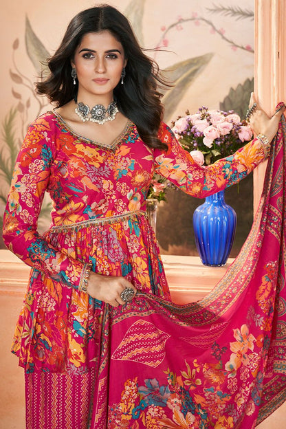 Pink Silk Digital Print and Foil Work Palazzo Kameez with Dupatta