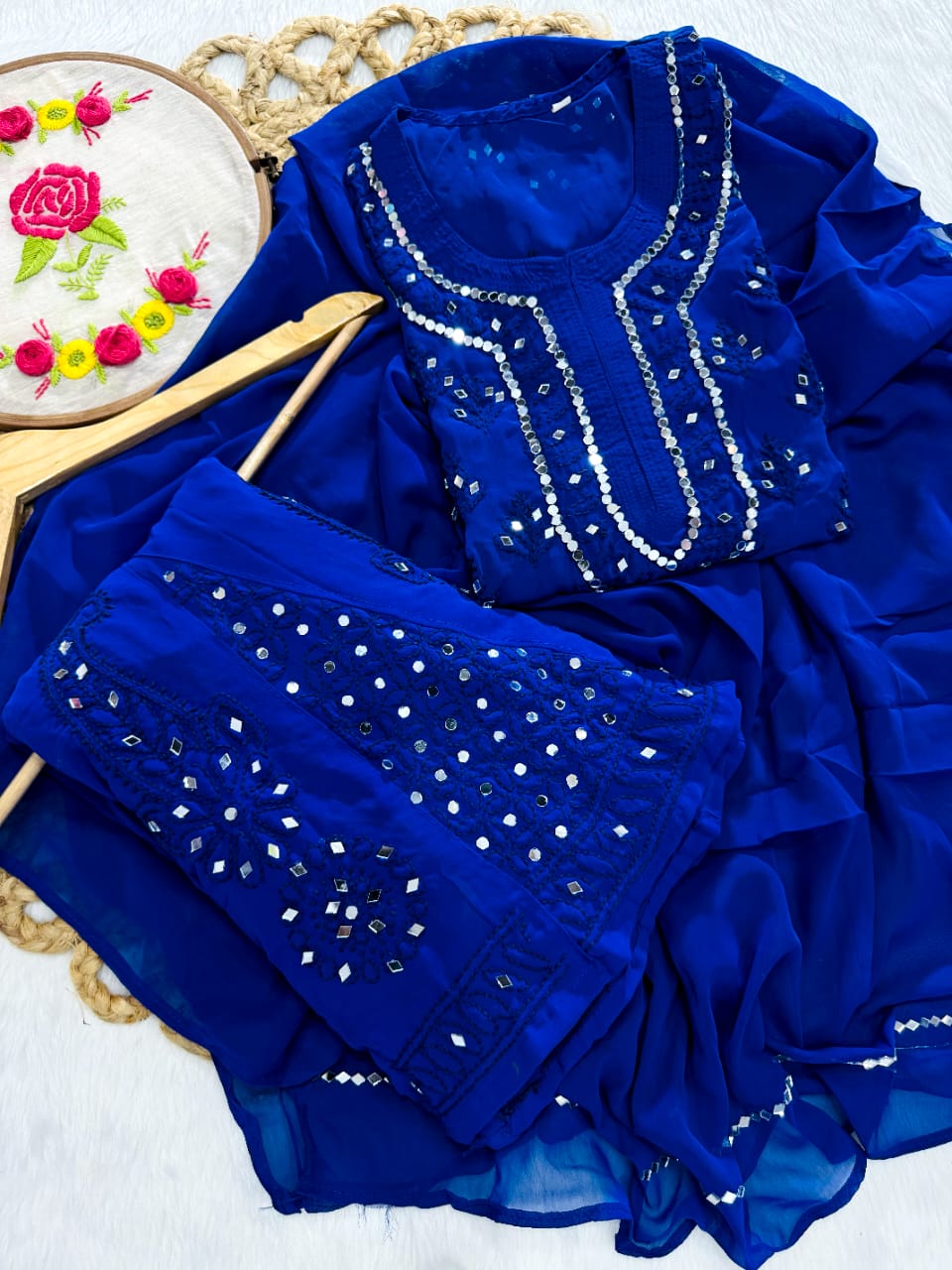 Royal Blue Lucknow Chikankari Mirror Work 3-Piece Sharara Set