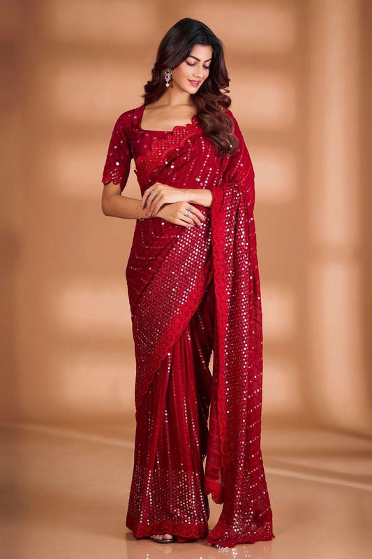 Red Exclusive Celebrity Style Designer Sequins Saree Blouse Set