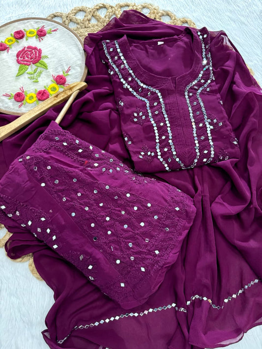 Wine Lucknow Chikankari Mirror Work 3-Piece Sharara Set