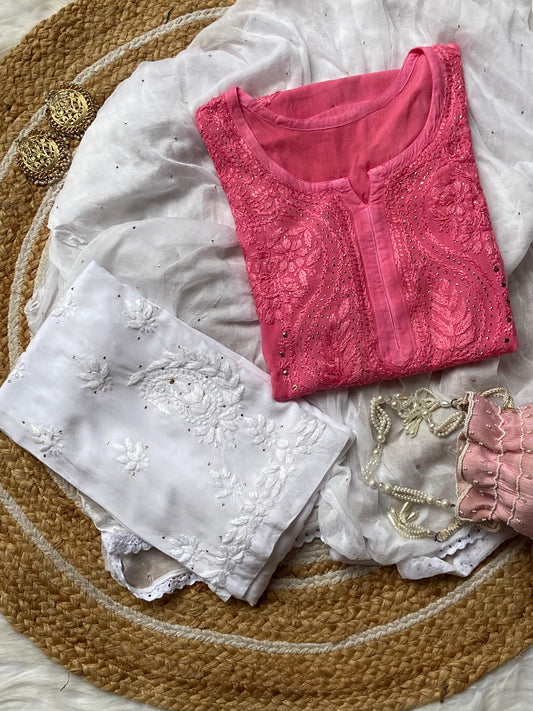 Pink Mukaish Work Lucknow Chikankari Kurta Set with Palazzo & Dupatta