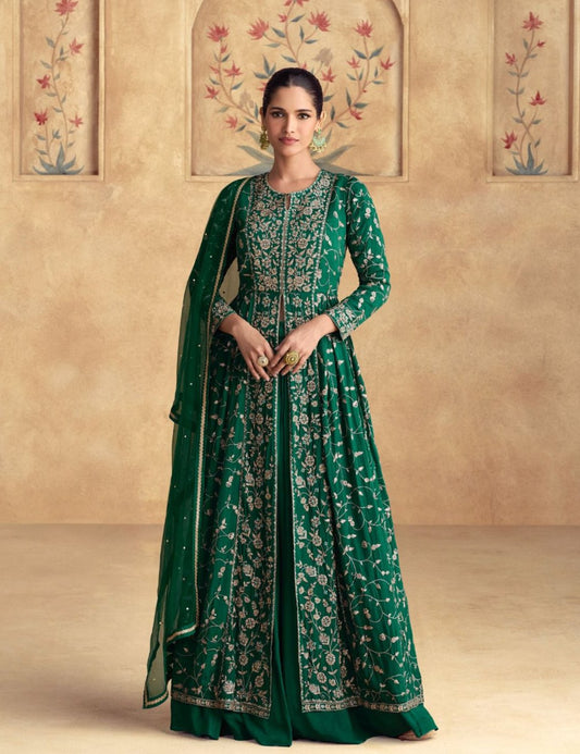 Green Majestic Designer Lehenga Choli with Long Anarkali Front-Slit Jacket