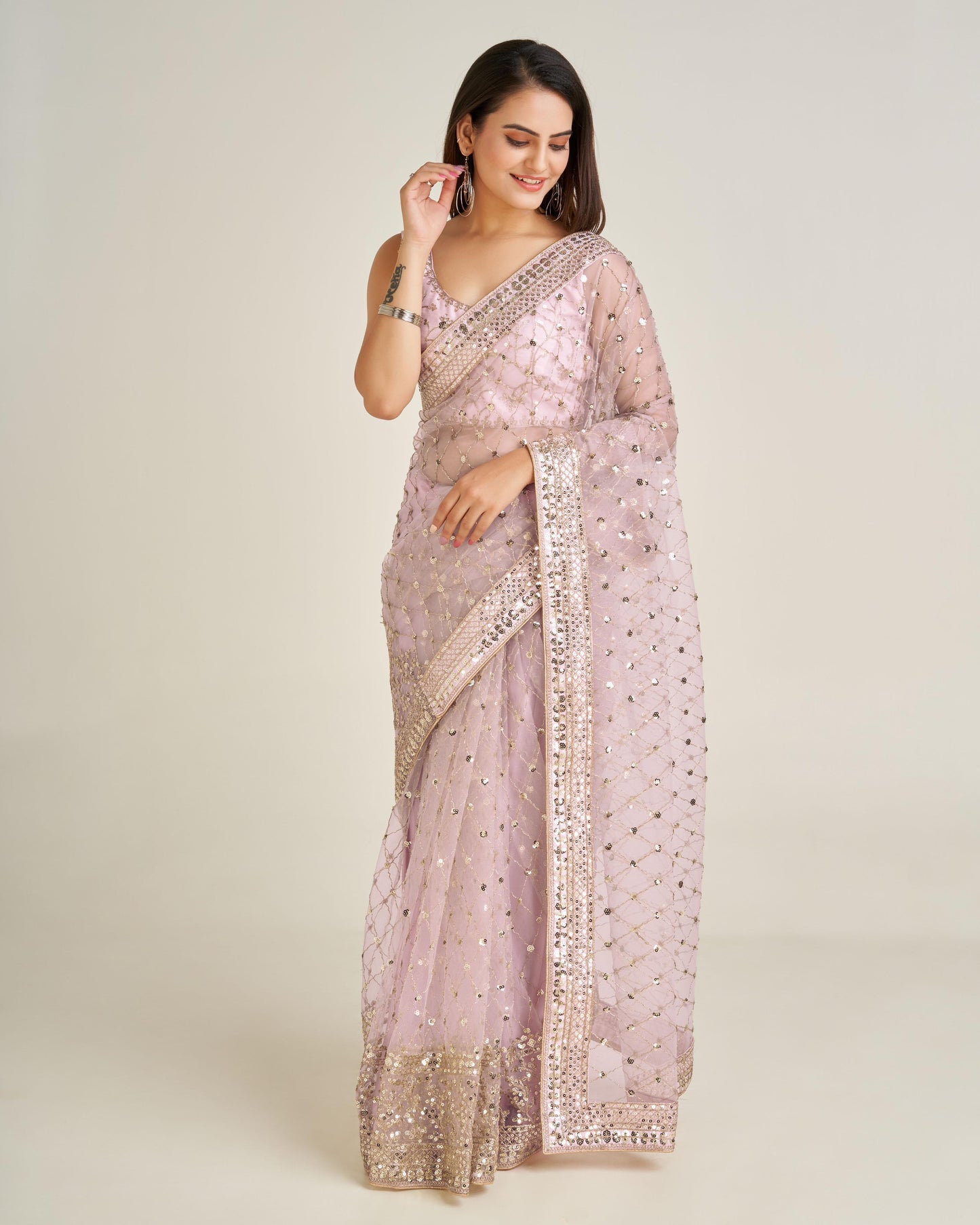 Gorgeous Net Saree with Sequins & Dori Work for Wedding Festivities