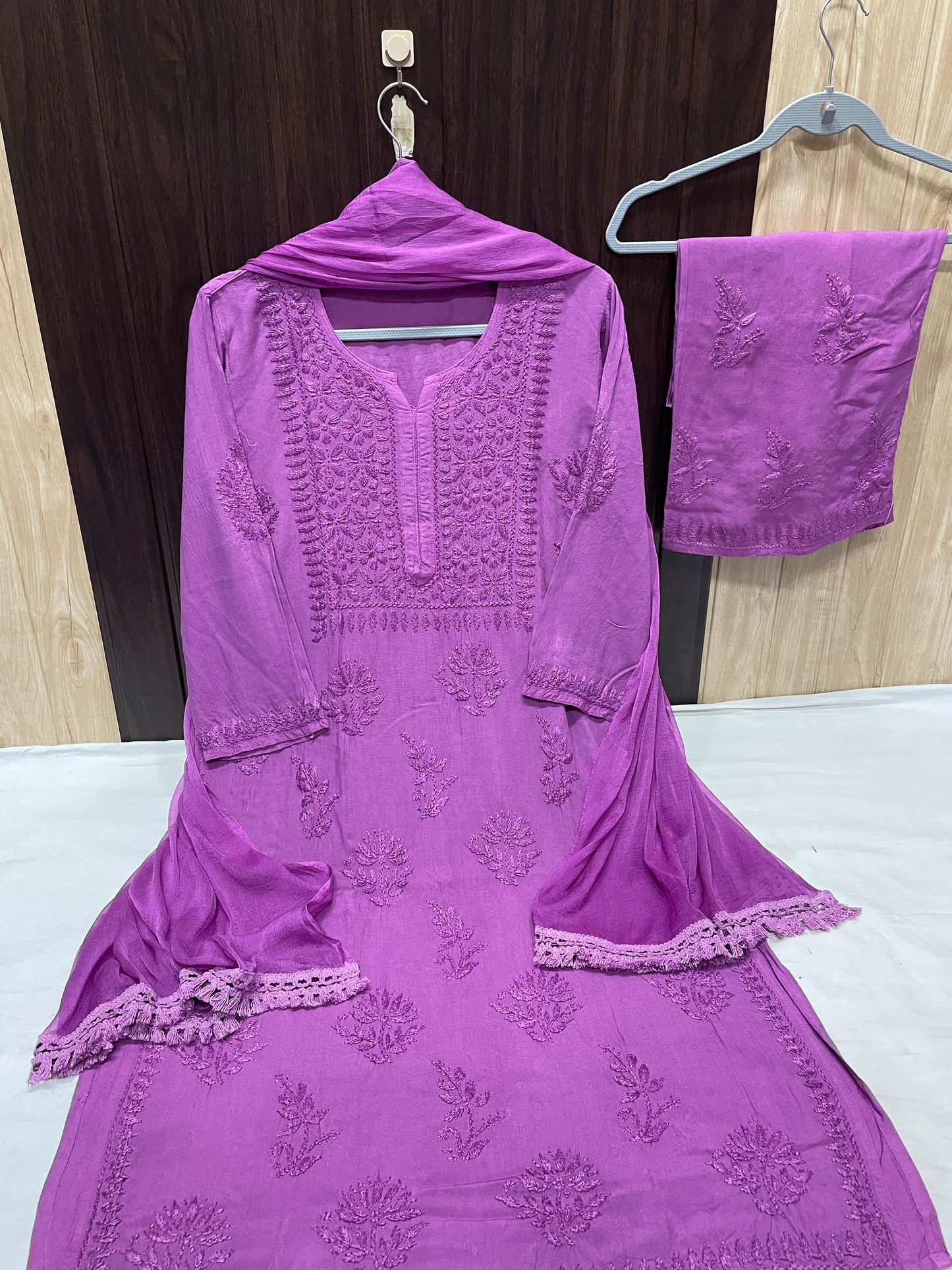 Mauve Elegant Lucknow Chikankari Handcrafted 3-Piece Rayon Kurti, Pallazo, and Dupatta Set