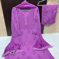 Mauve Elegant Lucknow Chikankari Handcrafted 3-Piece Rayon Kurti, Pallazo, and Dupatta Set