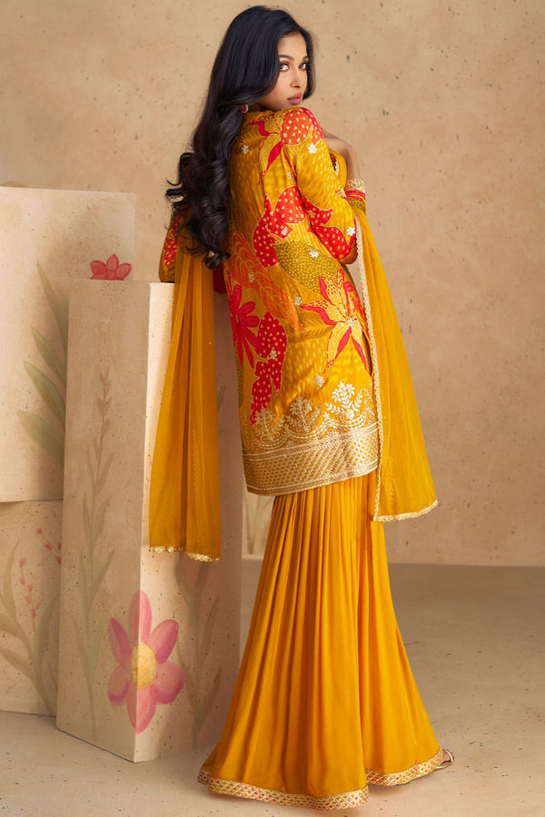 Summer Mustard Yellow Floral Ethnic Salwar Kameez Sharara with Dupatta