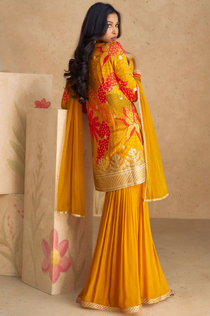 Summer Mustard Yellow Floral Ethnic Salwar Kameez Sharara with Dupatta