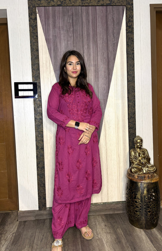 Wine Lucknowi Chikankari Ghas Patti Handwork Dobby Cotton Kurti Palazzo Set with Lace and Kureshiya Buttons