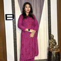 Wine Lucknowi Chikankari Ghas Patti Handwork Dobby Cotton Kurti Palazzo Set with Lace and Kureshiya Buttons