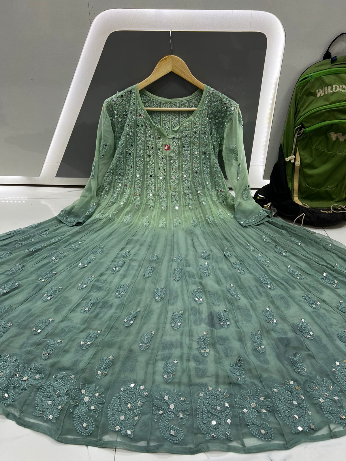 Pastel Green 56 Kali Dye Mirror Lucknowi Chikankari Anarkali Kurta Up to 4XL