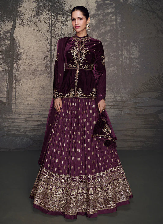 Deep Purple Golden Embroidery Peplum Style Lehenga