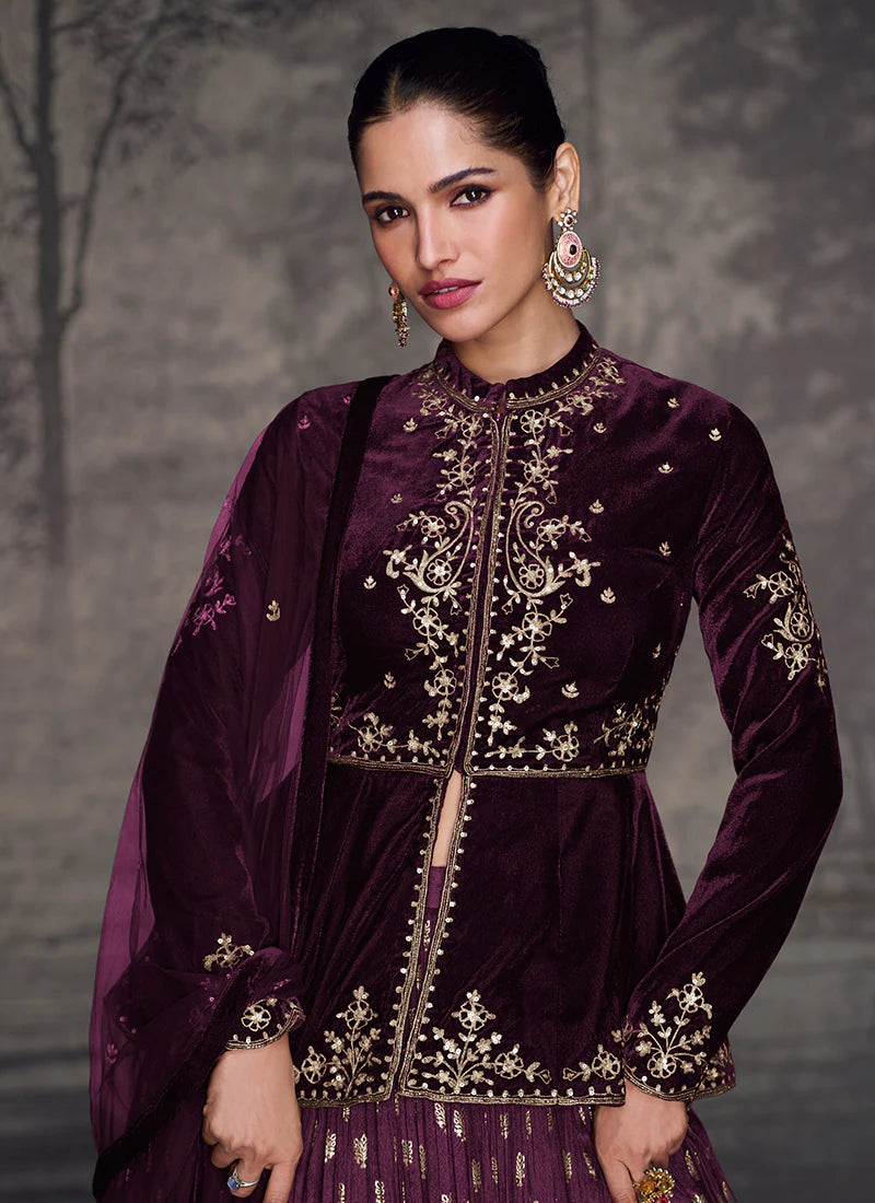 Deep Purple Golden Embroidery Peplum Style Lehenga