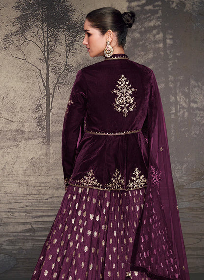 Deep Purple Golden Embroidery Peplum Style Lehenga