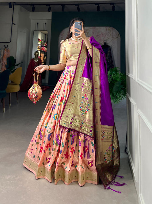 Peach Jacquard Silk Paithani Lehenga Choli – Embodying the Essence of Tradition