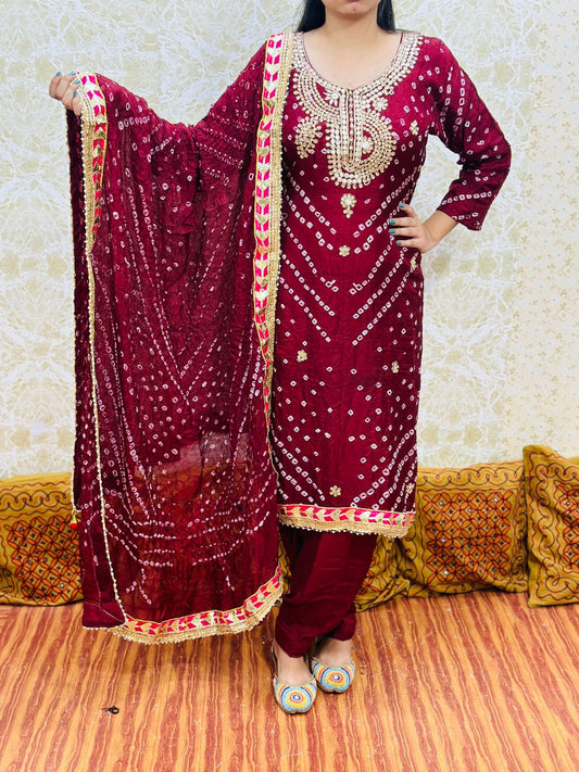 Maroon Silk Bandhani Salwar Kameez with Dupatta