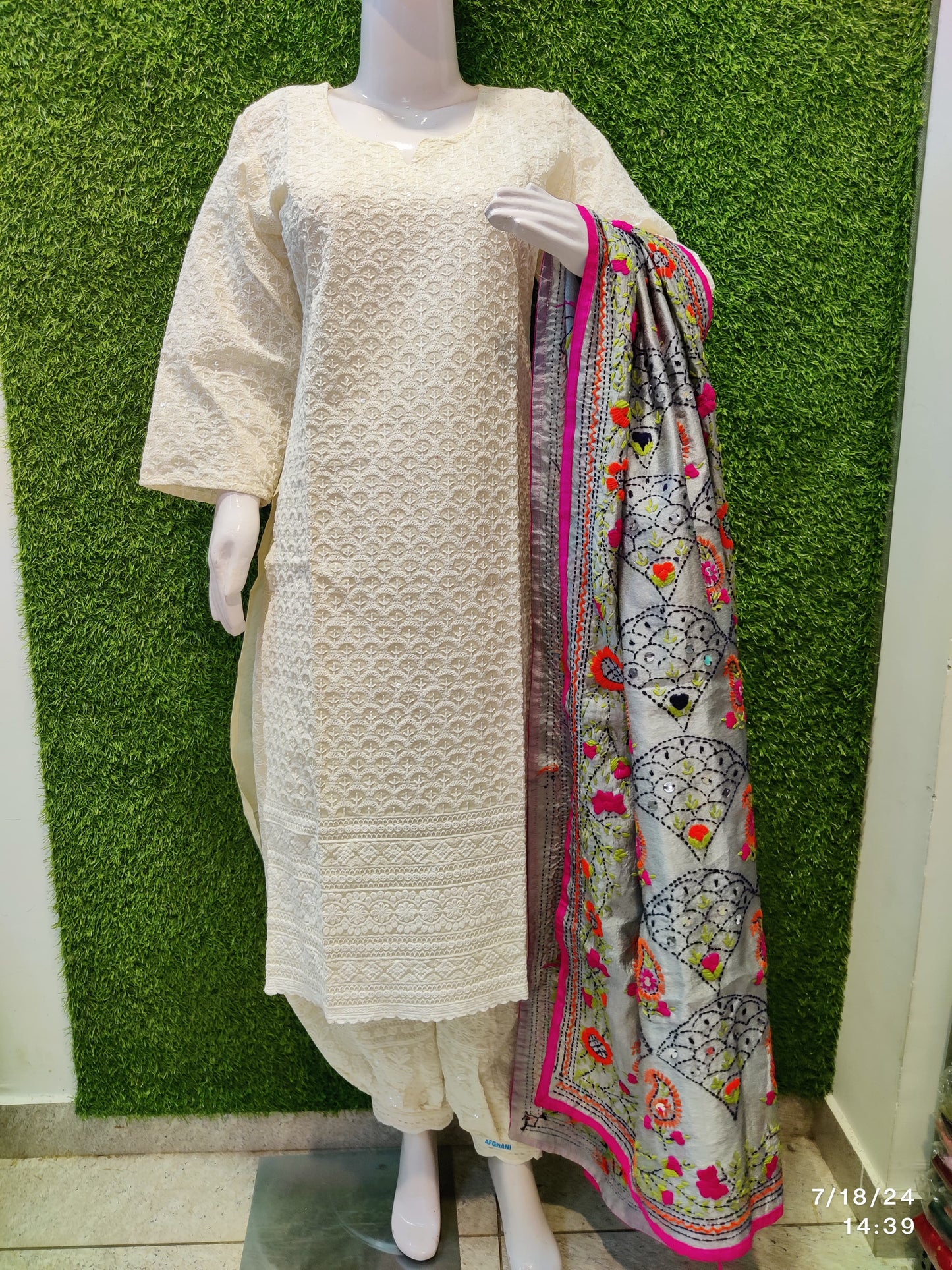 Design 4 - Chikankari Kurti with Chikan Afghani and Handworked Super Champ Raw Silk Handcrafted Dupatta