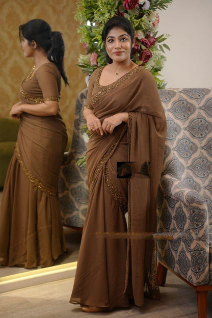 Brown Super Hit Georgette Embroidery Gown Saree