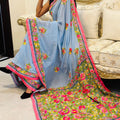 Blue Georgette Phulkari Saree with Intricate Handwork and Embroidered Blouse