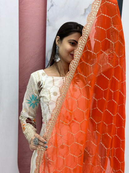 Ethereal White Georgette Sharara Set with Vibrant Orange Dupatta