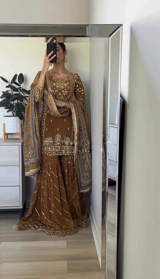 Brown Embroidered Chinnon Silk Sharara Gharara Suit with Digital Print Dupatta