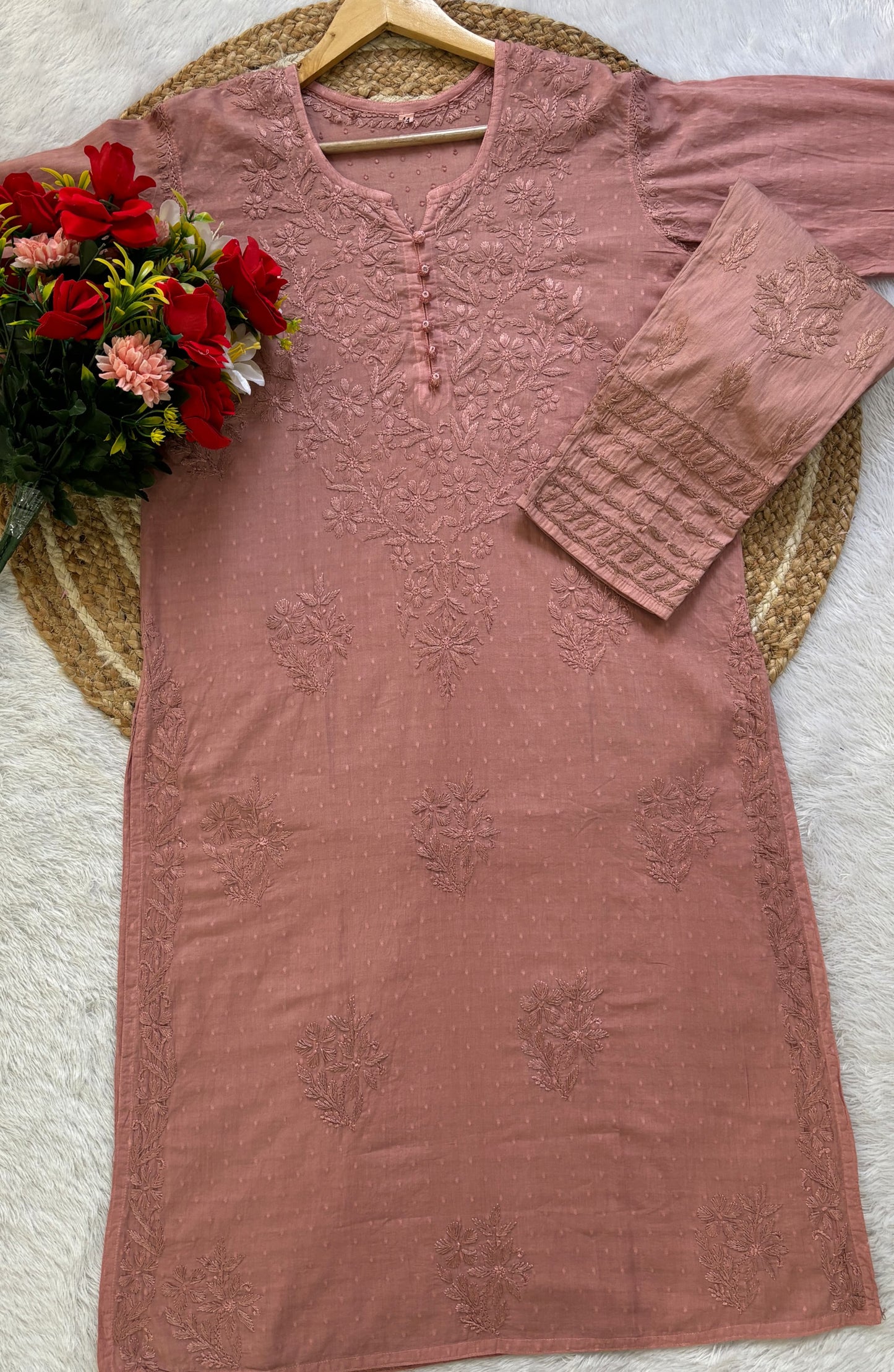 Dusty Pink Lucknowi Chikankari Heavy Work Kurti & Handcrafted Lycra Cotton Pant Set ❤️