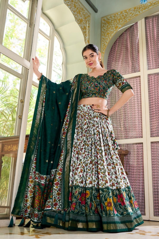 Green Contemporary Tussar Silk Navratri Garba Lehenga Chaniya Choli