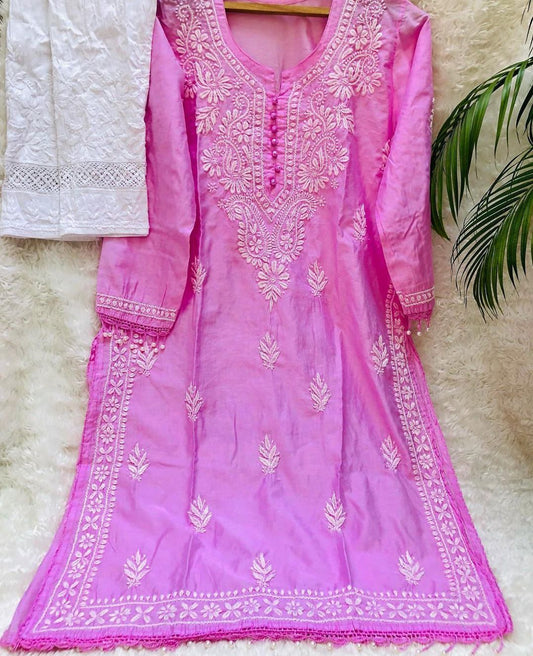 Pink Handcrafted Resham Kurashiya Kurti & Lycra Chikankari Pants Set