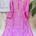 Pink Handcrafted Resham Kurashiya Kurti & Lycra Chikankari Pants Set