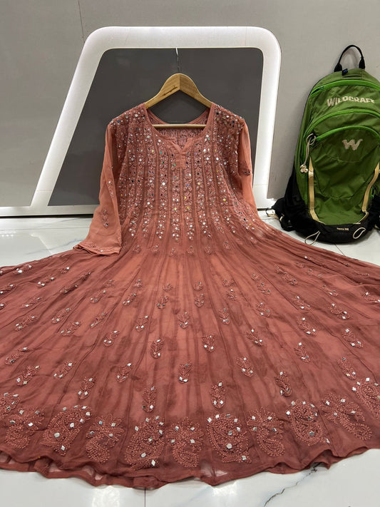 Dusty Pink 56 Kali Dye Mirror Lucknowi Chikankari Anarkali Kurta Up to 4XL