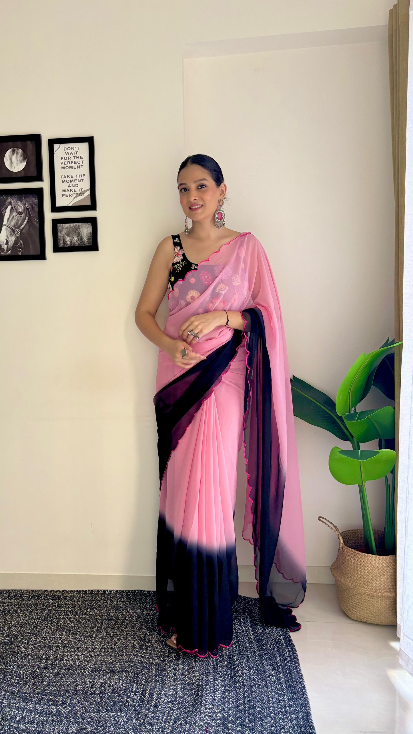 Pink Black Party Wear Fancy Dual Shaded Georgette Saree