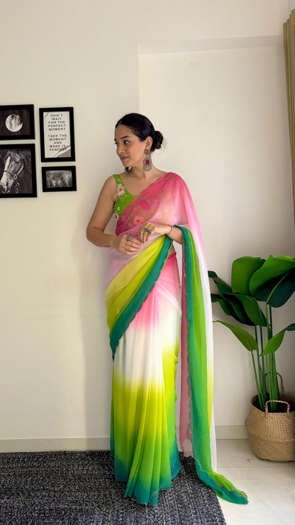 White Green Pink Party Wear Fancy Dual Shaded Georgette Saree