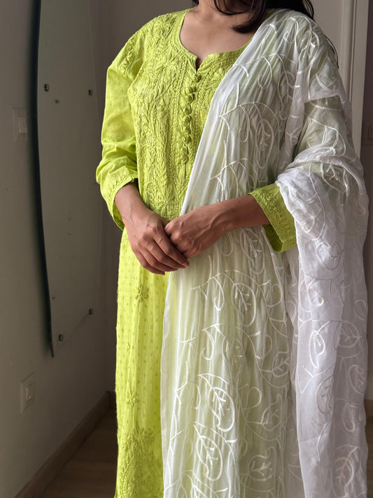 Green Luxe Dobbie Dyable Kurti Set with Aari Work Dupatta