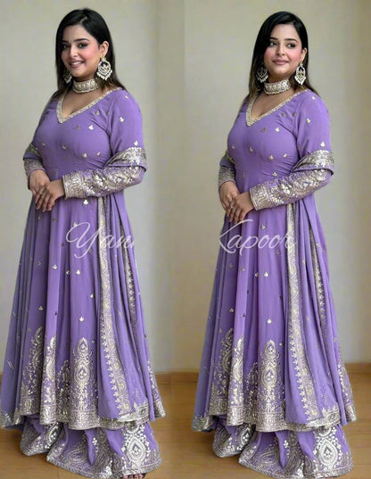 Lavendar Embroidered Georgette Gown with Palazzo and Dupatta Set