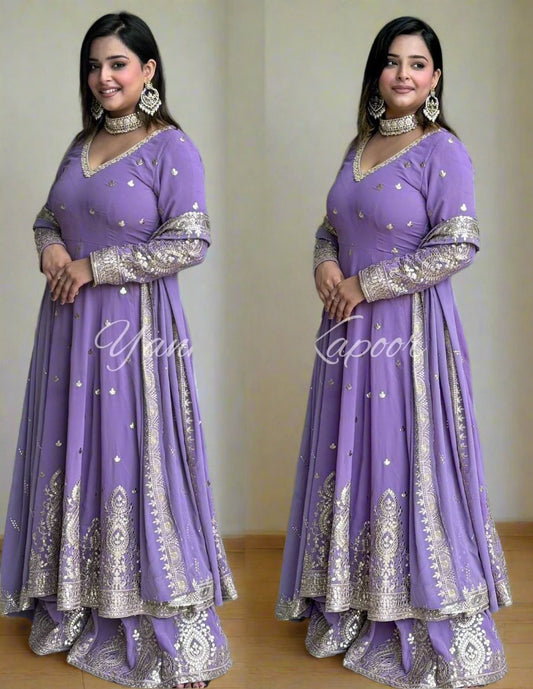 Lavendar Embroidered Georgette Gown with Palazzo and Dupatta Set