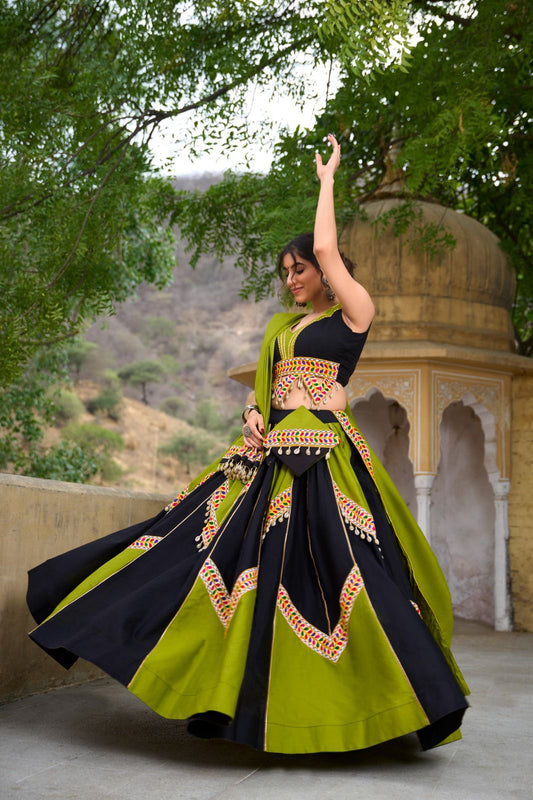 Green Black Gamthi Work Navratri Garba Chaniya Choli