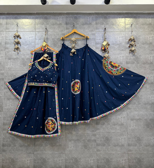 Blue Pure Khadi Cotton Aari Work Navratri Chaniya Choli for Garba Dandiya