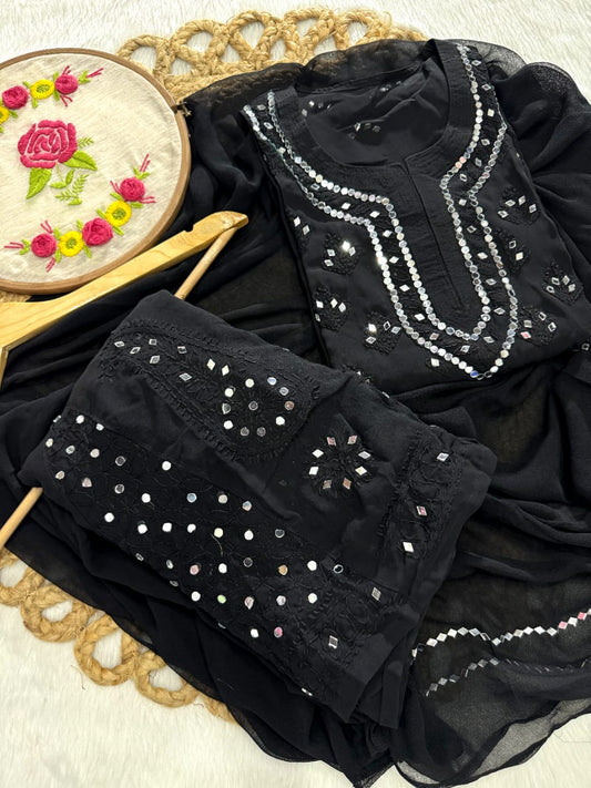 Black Lucknow Chikankari Mirror Work 3-Piece Sharara Set