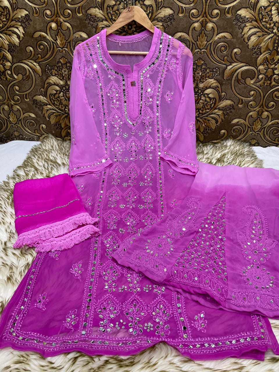 Pink Chikankari Elegance Ombré Mirror Booti Jaal Set - Kurti, Sharara & Dupatta -(Inner Included)