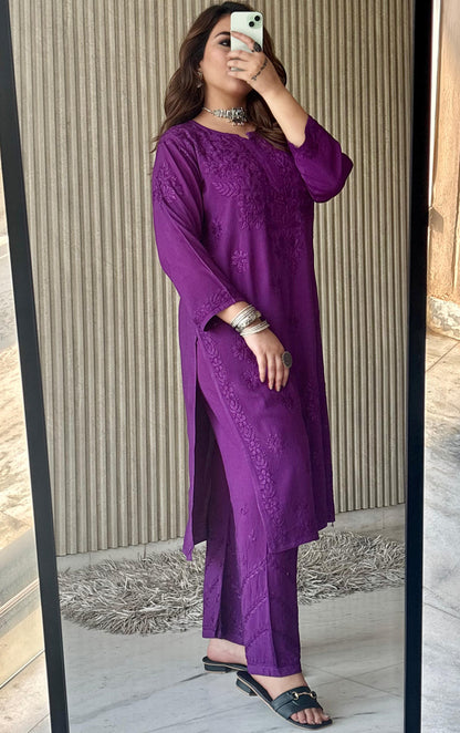 Dark Purple Lucknow Chikankari Rayon Kurta Palazzo Co-ord Set with Tone-to-Tone Hand Embroidery