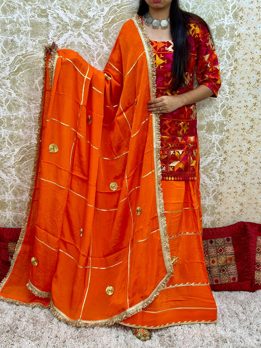 Orange Authentic Phulkari Party Wear Lehenga Set