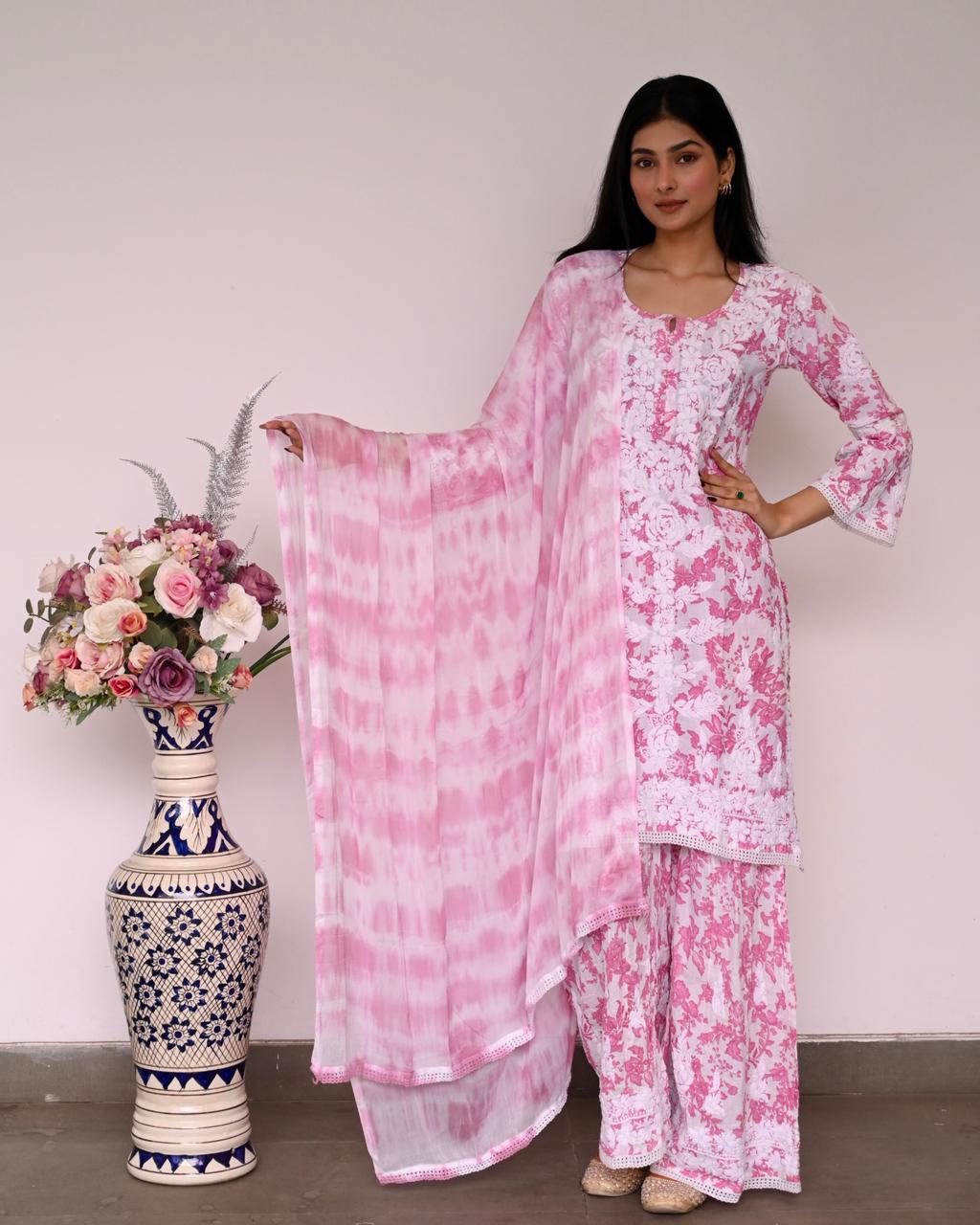 Pink Lucknow Chikankari Mul Mul Printed Kurti, Gharara, and Dupatta Set