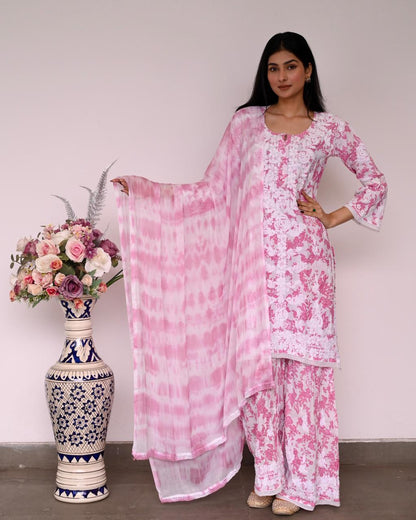 Pink Lucknow Chikankari Mul Mul Printed Kurti, Gharara, and Dupatta Set